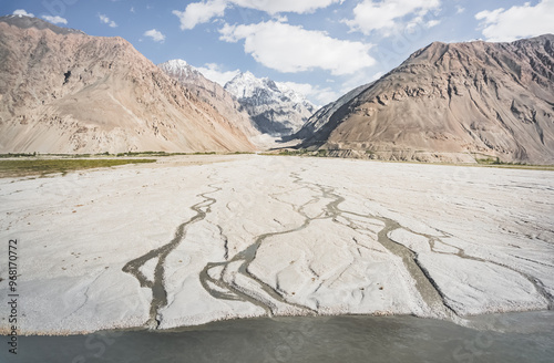 A panorama of the mountain landscape of the Wakhan Corridor and the Panj River in the valley with rocky mountain peaks with snow and glaciers in the background, in Tajikistan in Pamir photo