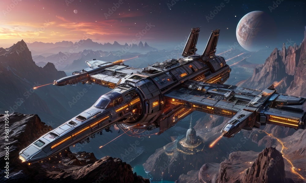 Naklejka premium Sci-Fi Spaceship Flying Over Alien Planet Landscape