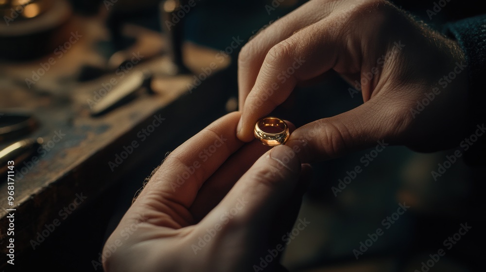 Fototapeta premium Crafting a golden ring in a workshop with intricate tools during the late afternoon light