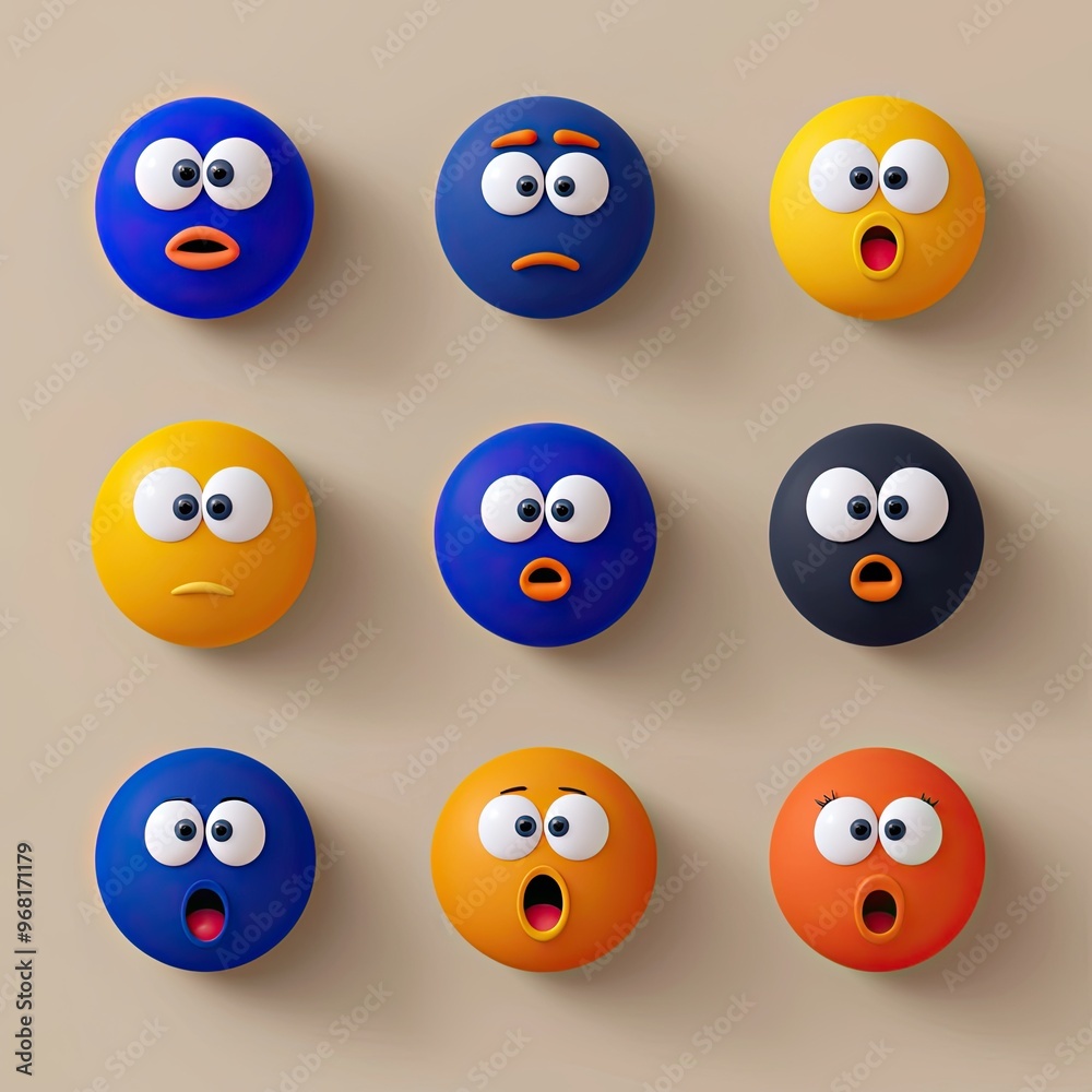 Emoji faces in flat design showing surprise and shock, with wide eyes and open mouths, each face rendered with minimal shading and bright colors Emoji faces in flat design showing surprise and shock, with wide eyes and open mouths, each face rendered with minimal shading and bright colors