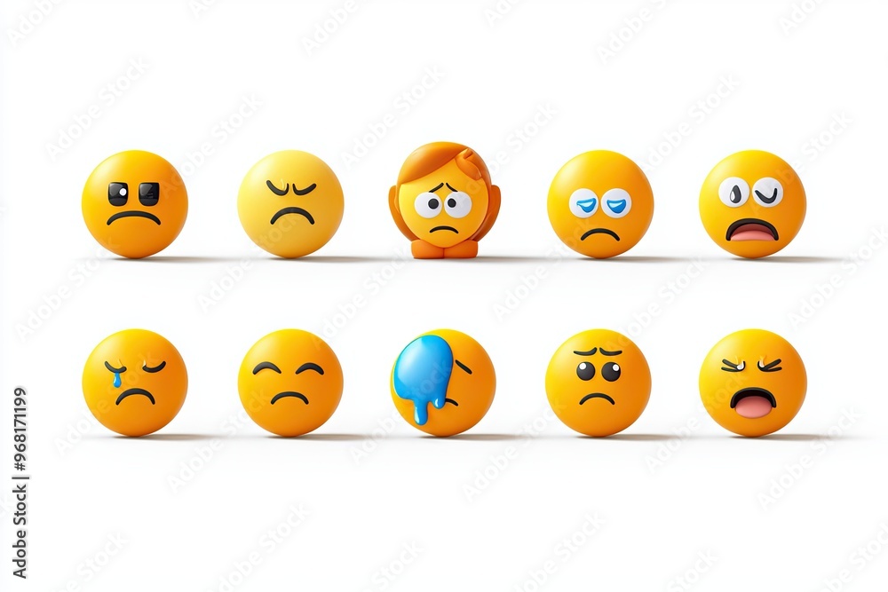 Collection of flat-style emoji faces depicting sadness, from a single tear to full-on crying, with smooth, simple lines and soothing color palettes Collection of flat-style emoji faces depicting sadness, from a single tear to full-on crying, with smooth, simple lines and soothing color palettes