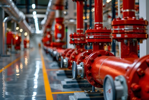 Industrial Pipeline System with Red Valves and Pumps in a Modern Facility