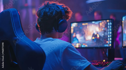 The back view of a male cyber gamer during an intense esports competition. Two large monitors are visible, showing fast-paced game action in a professional setup.