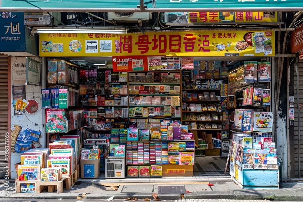 Naklejka premium Vibrant Bookstore Front Displaying a Variety of Books and Stationery