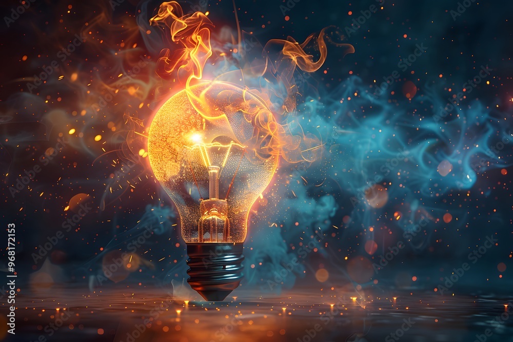 Illuminating Creativity: A Fiery Light Bulb Surrounded by Colorful Smoke Illuminating Creativity: A Fiery Light Bulb Surrounded by Colorful Smoke