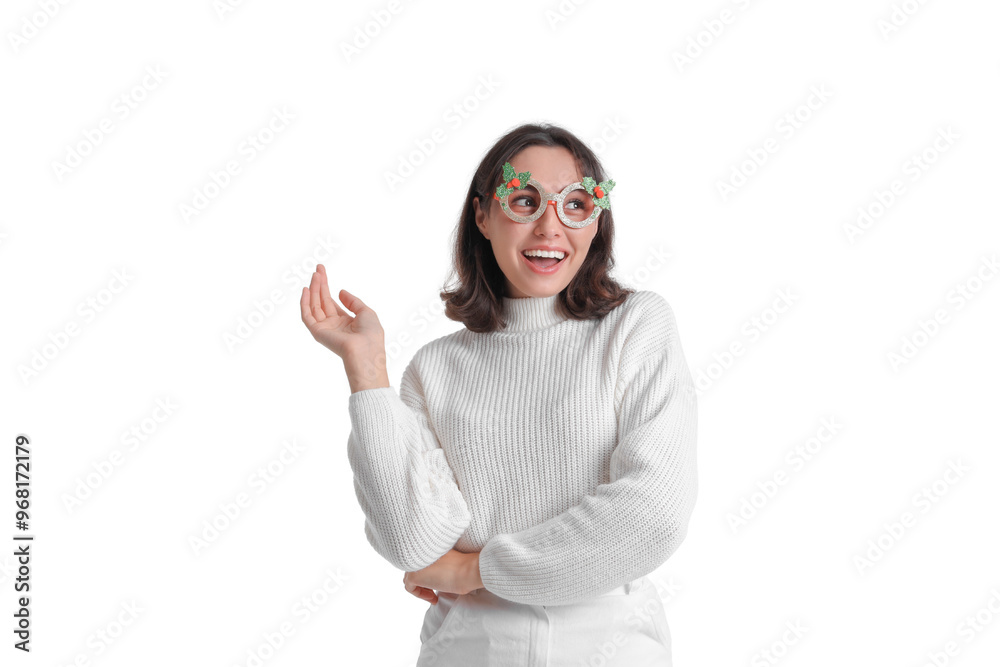 Young woman in decorative eyeglasses on white background Young woman in decorative eyeglasses on white background