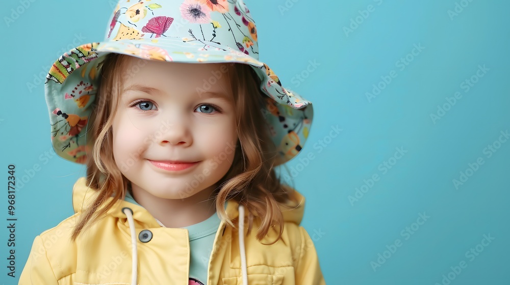 Cute little girl on blue background. Kids fashion concept Cute little girl on blue background. Kids fashion concept