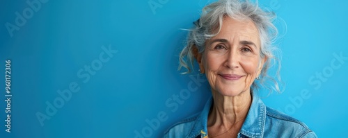 A confident senior woman with a bright smile, standing against a blue background in a casual denim jacket. Free copy space for banner.