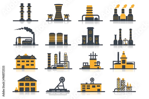 Industrial Icons Collection: Diverse Factory and Plant Illustrations