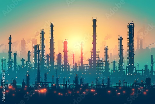 Industrial Skyline at Sunset: A Vibrant View of Refineries and Smokestacks