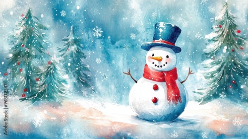 festive holiday illustration, festive watercolor illustration of a happy snowman in a top hat and scarf, amidst pine trees and gentle snowfall, on a hand-drawn doodle christmas backdrop photo