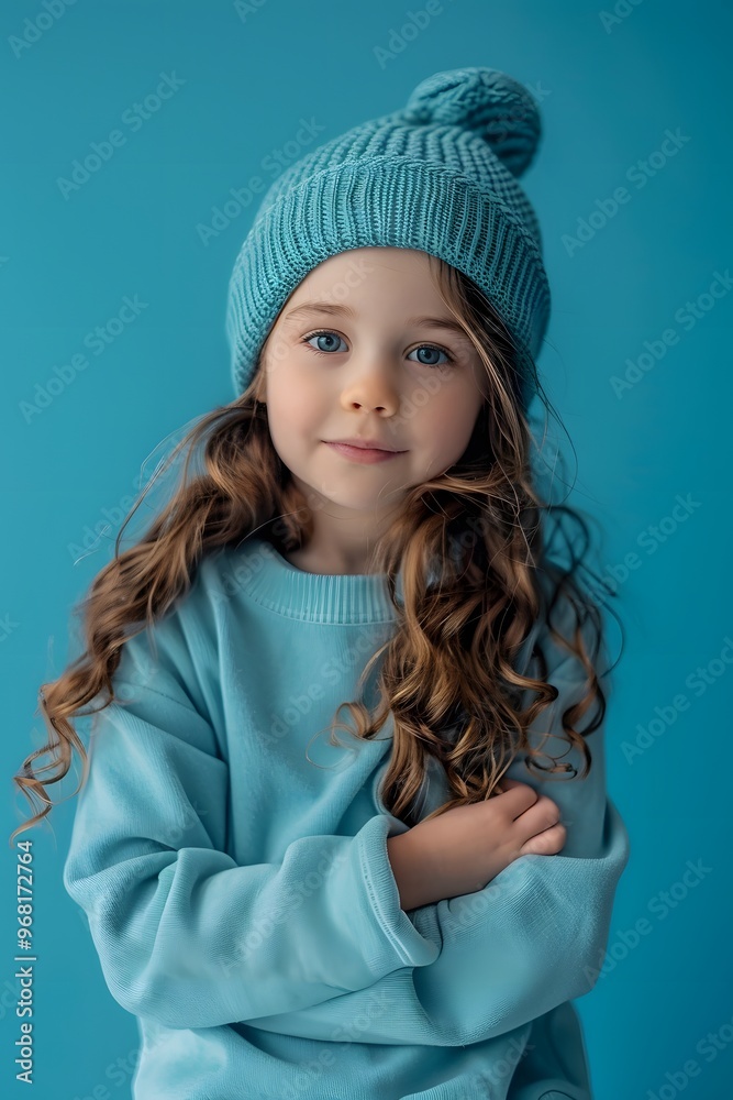 Cute little girl on blue background. Kids fashion concept Cute little girl on blue background. Kids fashion concept