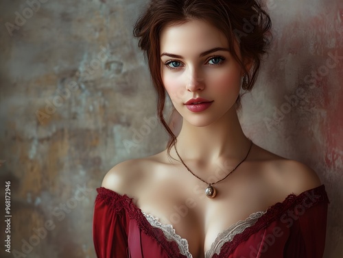Eastern European woman in a classic red dress with a decollete