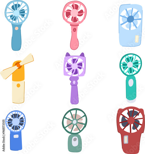 hand electric fan set cartoon. compact cooling, mini bladeless, usb held hand electric fan sign. isolated symbol vector illustration