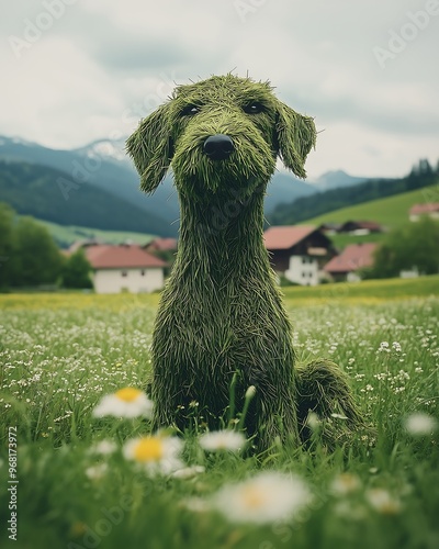 Whimsical Dog Sculpture Made of Grass in Sunny Field photo