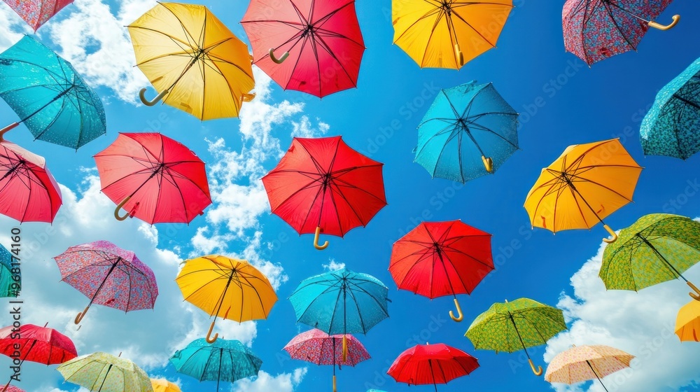 Naklejka premium Colorful Umbrellas Floating in the Sky