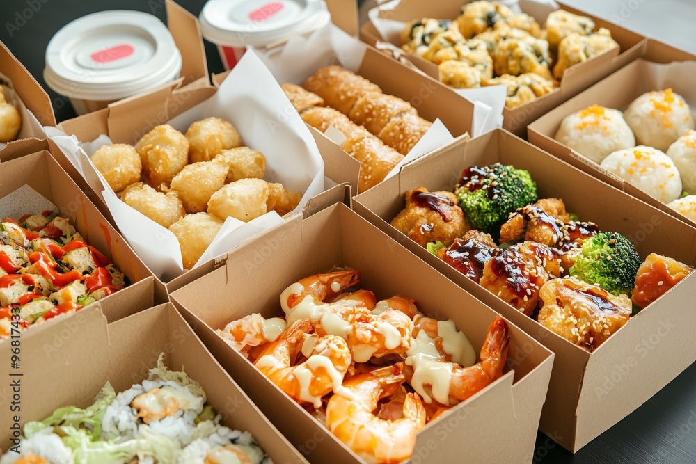 Food in takeout boxes, representing food delivery with a focus on healthy meal options. Concept of ordering tasty nutritious food. Food in takeout boxes, representing food delivery with a focus on healthy meal options. Concept of ordering tasty nutritious food.