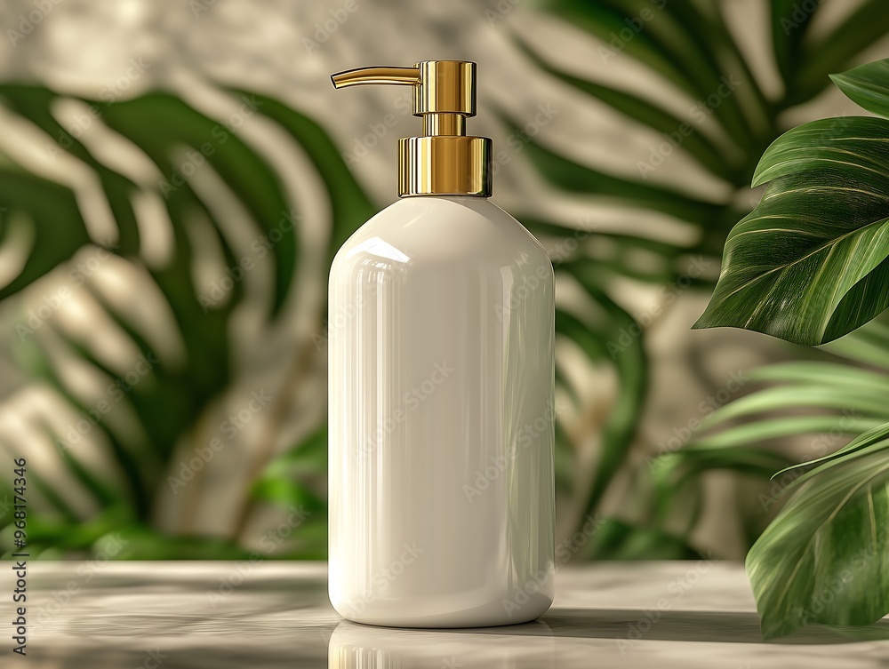 Elegant White Lotion Bottle with Gold Pump on Leafy Background Elegant White Lotion Bottle with Gold Pump on Leafy Background