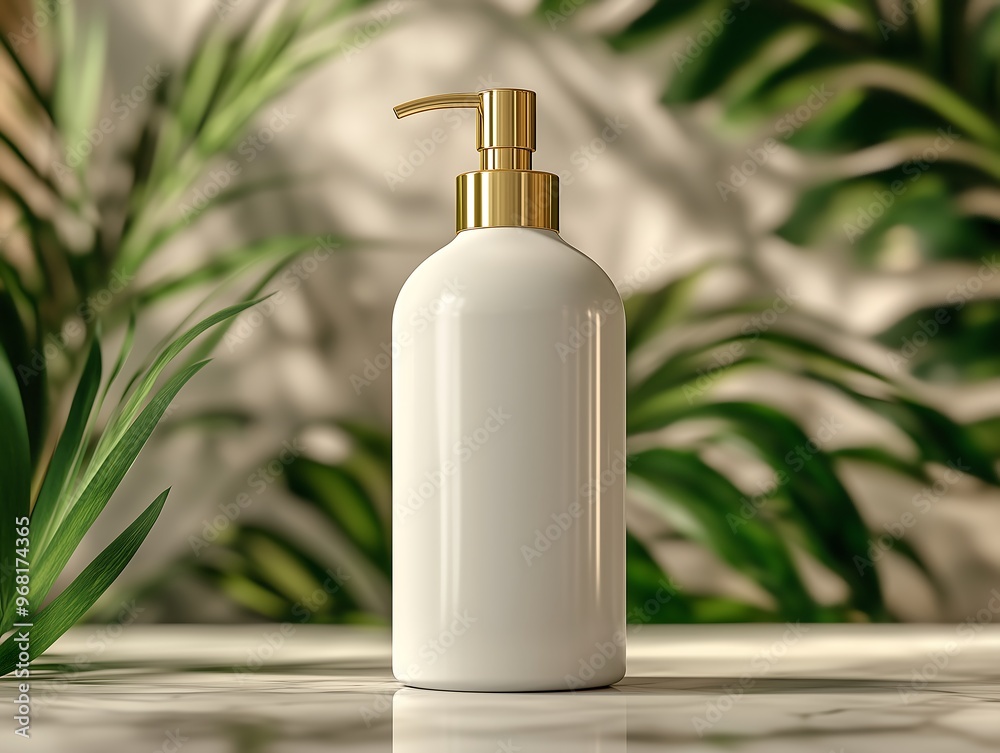 Elegant White Lotion Bottle with Gold Pump on Leafy Background Elegant White Lotion Bottle with Gold Pump on Leafy Background