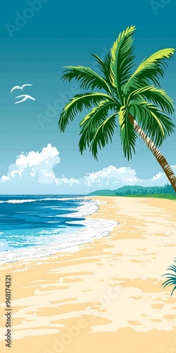 Tropical Beach with Palm Tree and Ocean Waves Under Blue Sky photo