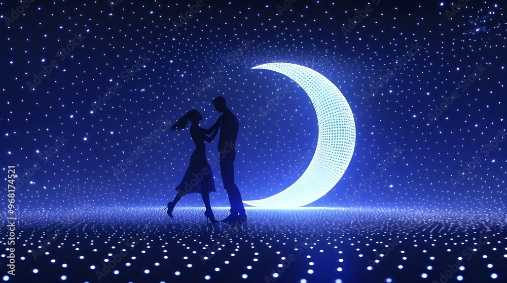 Illuminated couple dance with half moon glowing picture Illuminated couple dance with half moon glowing picture