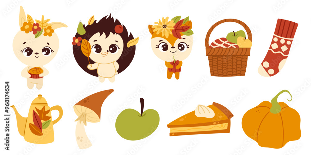 Autumn elements set, cute hand drawn seasonal objects and characters. Vector illustration in flat style Autumn elements set, cute hand drawn seasonal objects and characters. Vector illustration in flat style