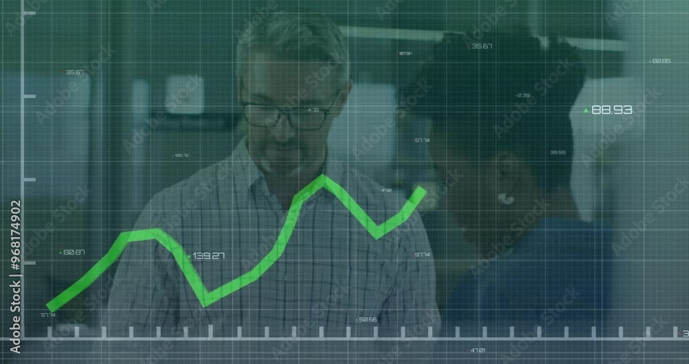 Animation of financial data processing over diverse business people in office Animation of financial data processing over diverse business people in office