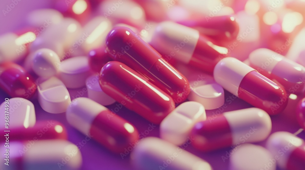 Assorted pharmaceutical capsules and pills on a vibrant pink background Assorted pharmaceutical capsules and pills on a vibrant pink background