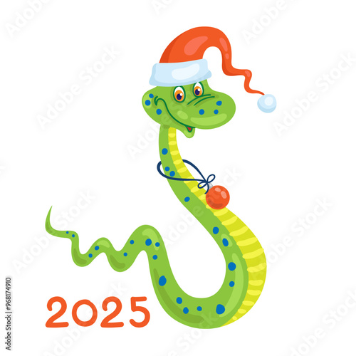 Funny green snake - symbol of chinese New Year in a Santa hat. Greeting cartoon card 2025.  Isolated on white background. Vector flat illustration.  © Shvetsova Yulia