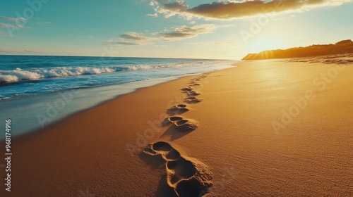 footprints in the sand heading to the sea, representing epic journeys with room for text photo