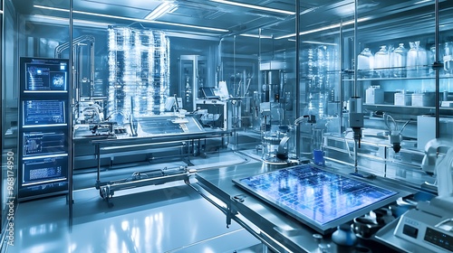 An advanced nanotechnology lab with nanoscale machines and AI-assisted material manipulation photo