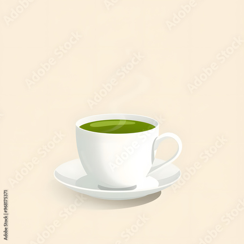 Warm green tea in a white cup on a minimalist background