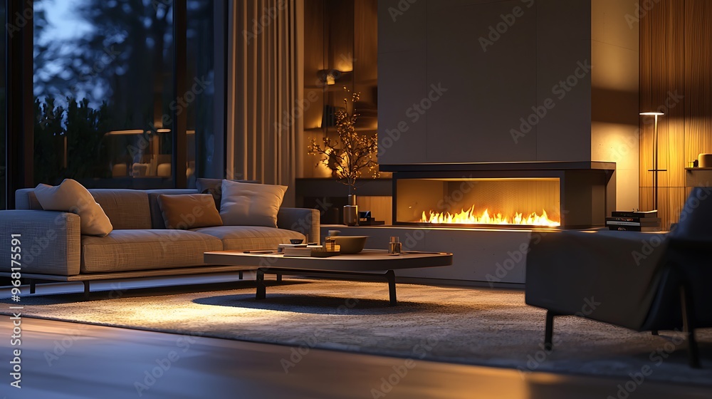 Living room featuring a cozy fireplace and contemporary sleek furniture.