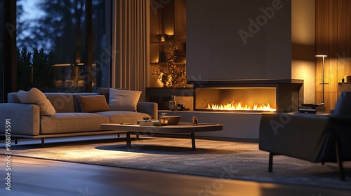 Obraz na płótnie Living room featuring a cozy fireplace and contemporary sleek furniture. w salonie