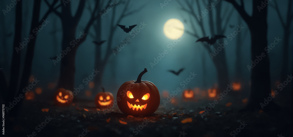 Spooky Halloween night with glowing jack-o'-lanterns in a dark forest under full moonlight Spooky Halloween night with glowing jack-o'-lanterns in a dark forest under full moonlight