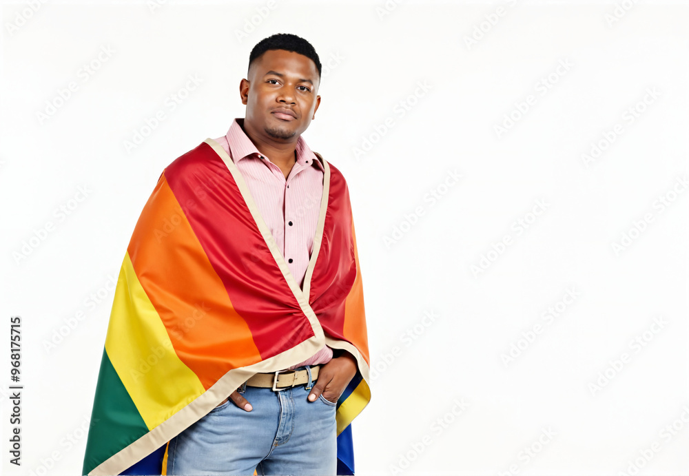 A young man proudly draped in a rainbow flag stands against a white background, representing diversity and acceptance in a confident pose. LGBTQ+ A young man proudly draped in a rainbow flag stands against a white background, representing diversity and acceptance in a confident pose. LGBTQ+