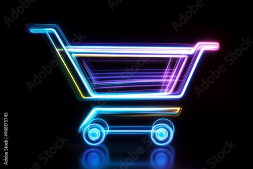 Neon Shopping Cart Icon in Vibrant Colors on Black Background photo