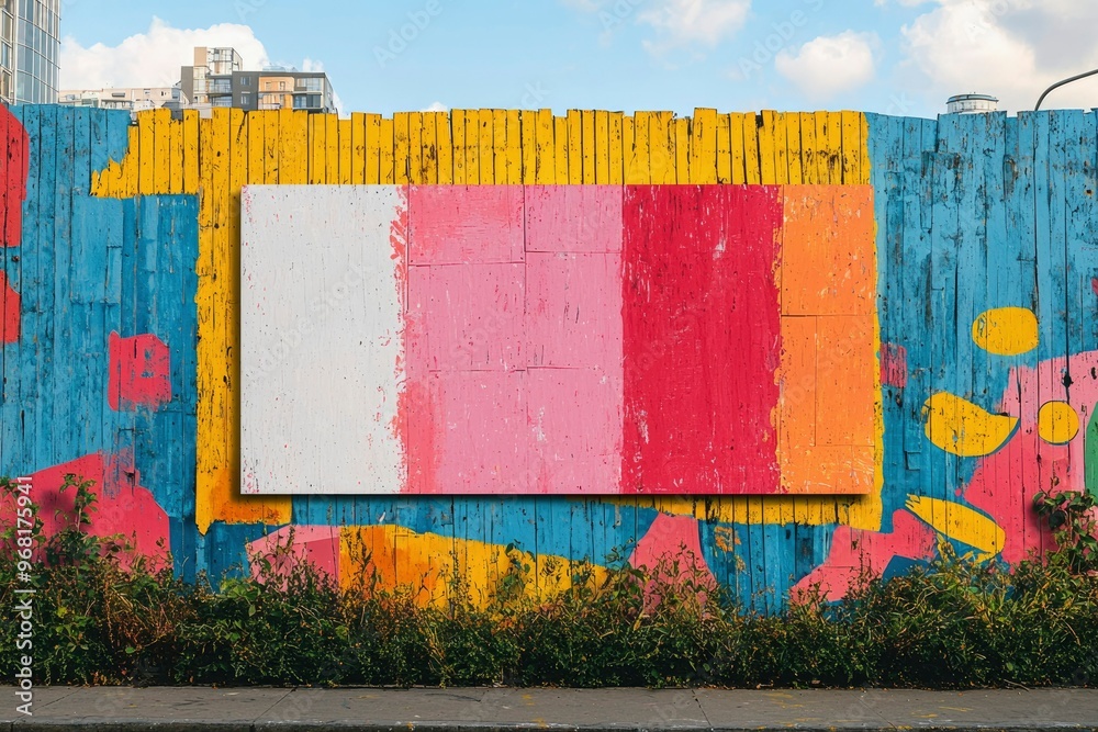 Obraz premium Colorful Wooden Fence with Blank Billboard and Overgrown Foliage