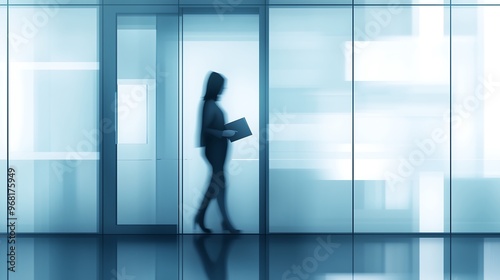 Blurred Silhouette of Woman in Modern Office Hallway photo