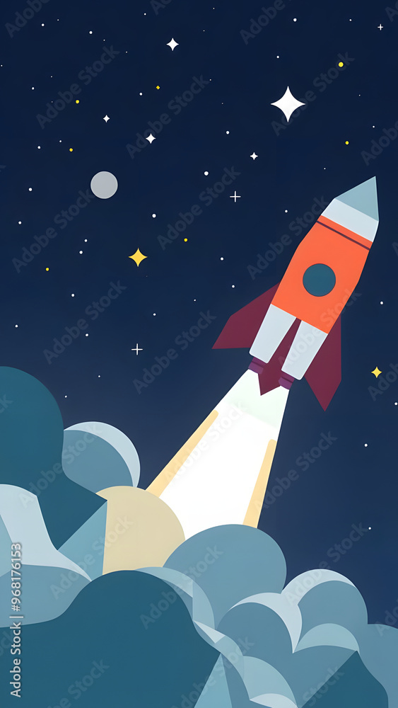 Rocket launching into a starry night sky with clouds in the background Rocket launching into a starry night sky with clouds in the background