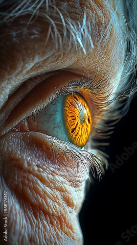 Close-Up of Elderly Eye with Vibrant Colors and Wrinkles photo