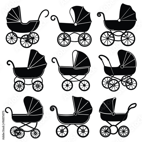 Cute baby carriage vector icon, Baby stroller silhouette black isolated on white background