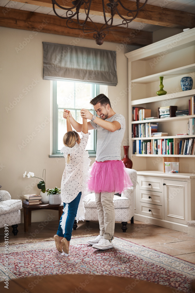 Dance, ballet and father with daughter in living room for celebration, happy or energy. Music, princess and trust with man and helping young girl in family home for support, learning or holding hands Dance, ballet and father with daughter in living room for celebration, happy or energy. Music, princess and trust with man and helping young girl in family home for support, learning or holding hands