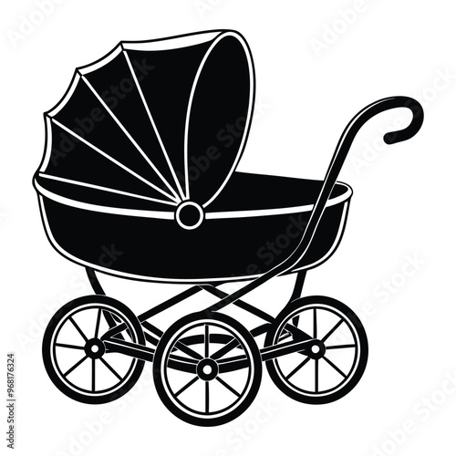 Cute baby carriage vector icon, Baby stroller silhouette black isolated on white background