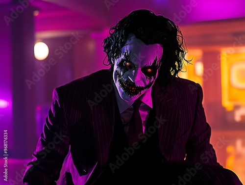 Scary Joker Character in Dark Suit with Evil Smile at Night photo