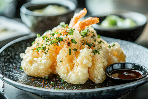 Crispy tempura shrimp served with dipping sauce and garnished with herbs