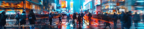 A busy urban scene with anonymous people walking on a rainy street, blurred city lights creating a vibrant night atmosphere. Free copy space for banner.