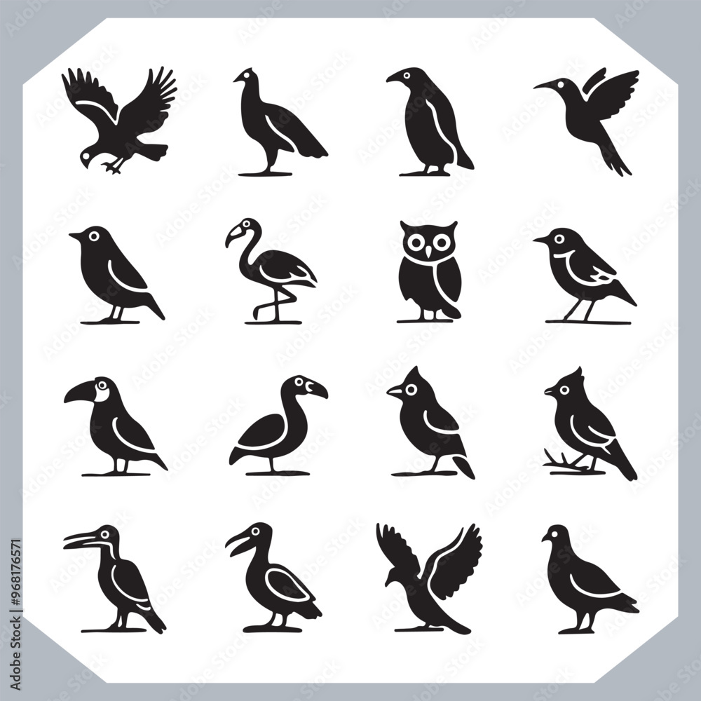 Obraz premium Set of black bird silhouettes and birds collection, bird set design. Eagle, Parrot, Penguin, Owl, Sparrow, Peacock, Flamingo, Hummingbird, Ostrich, Hawk.