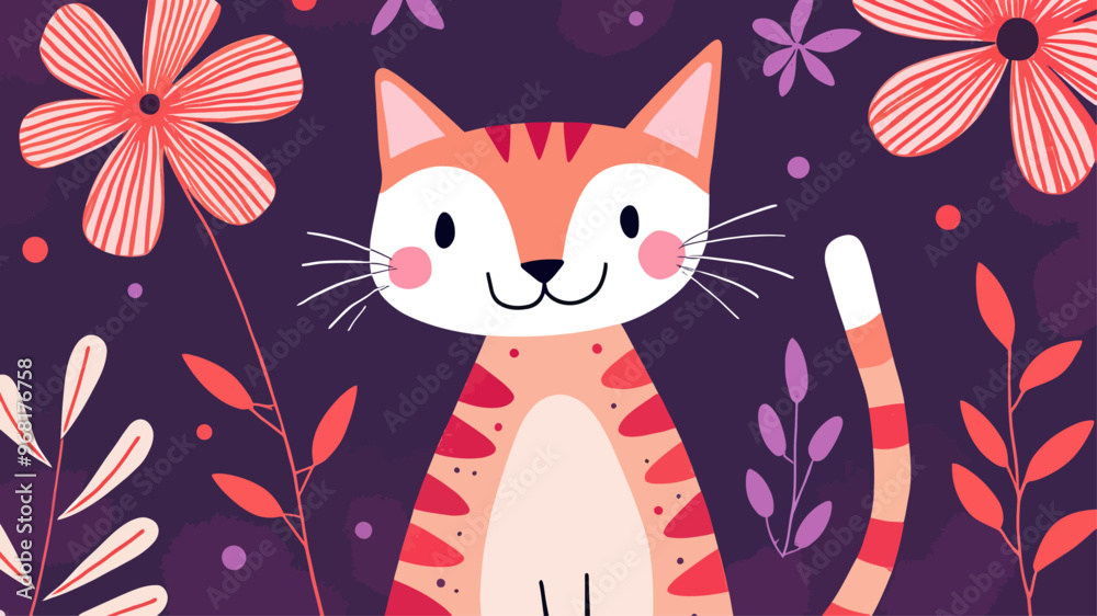 Orange and White Cat with Flowers Vector Illustration Orange and White Cat with Flowers Vector Illustration