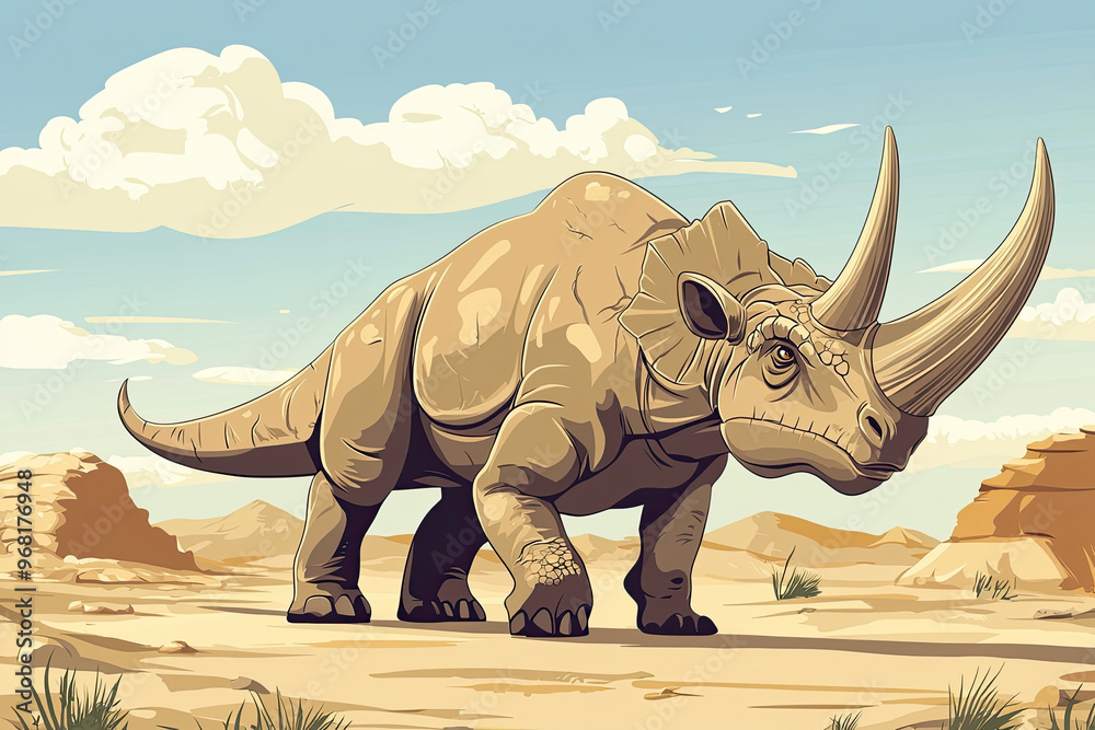 Fototapeta premium A cartoon style illustration of Pachyrhinosaurus in desert landscape